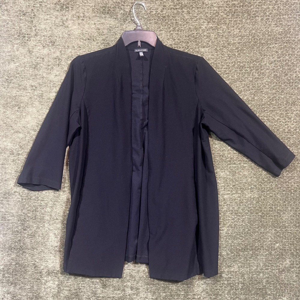 Eileen Fisher Cardigan Womens XL Black Open Front 3/4 Sleeve Knit Jacket